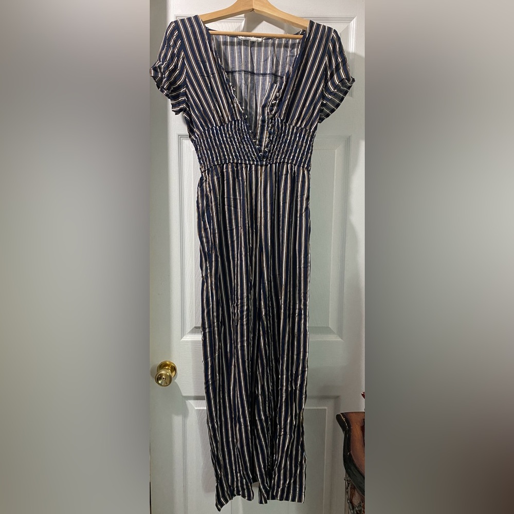 HOLLISTER Women's Small Dark Blue White Mustard Striped Short Sleeve Jumpsuit